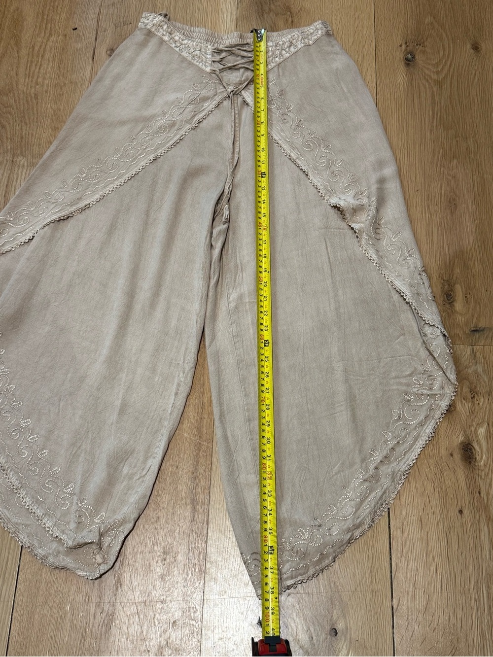 Boho Embroidered Tie-Waist Wide Leg Pants in Taupe one size - Picture 9 of 10